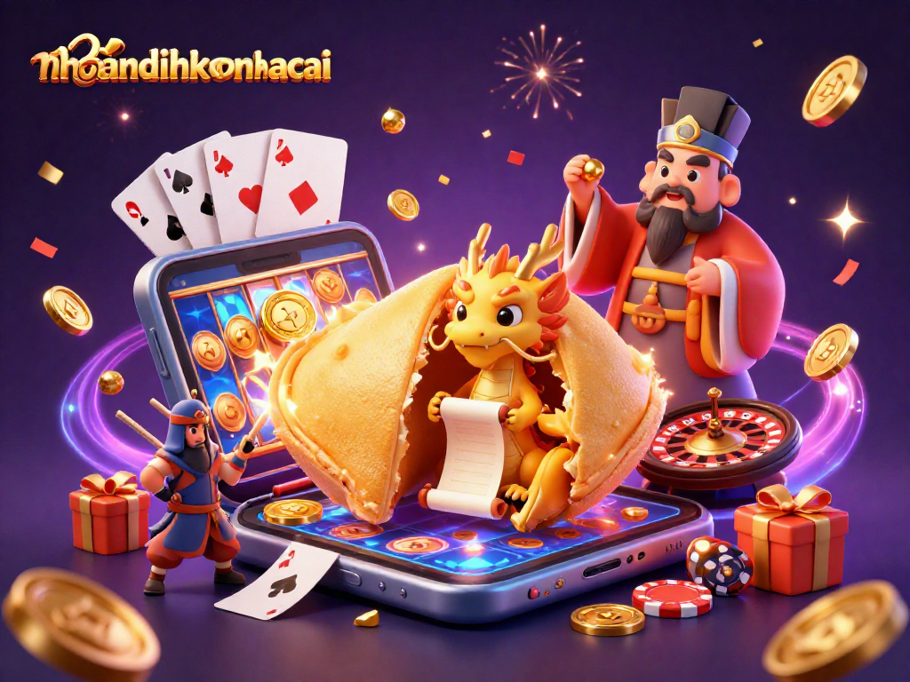Engage with nhandinhkeonhacai energizing characters amid floating coins and festive aesthetics.