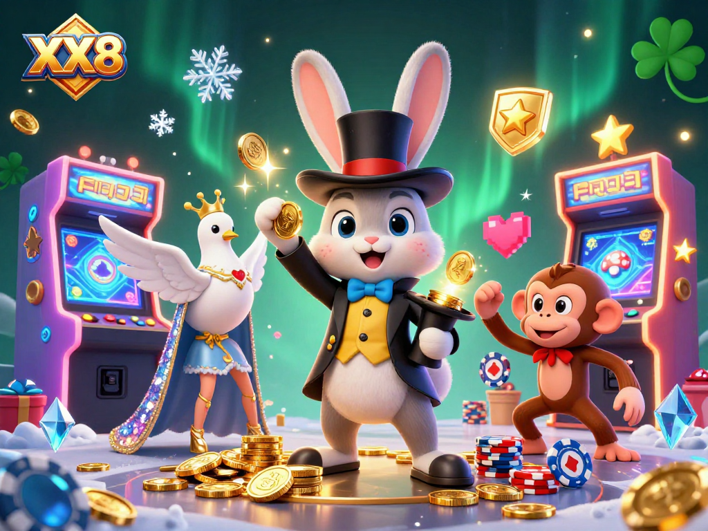 Engage with thrilling gameplay at XX8 as a magician's rabbit conjures coins, enhancing your casino experience.