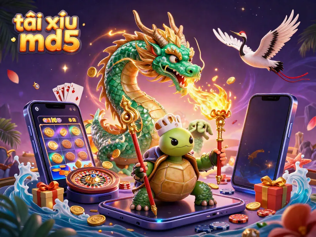 Experience the thrill of tài xỉu md5 with vibrant dragons, turtles, and dynamic casino elements.