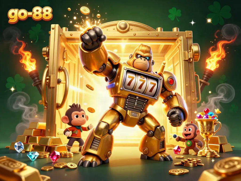 Engage with go-88's thrilling gaming universe, featuring a vibrant golden gorilla mech amidst treasures and cinematic action.