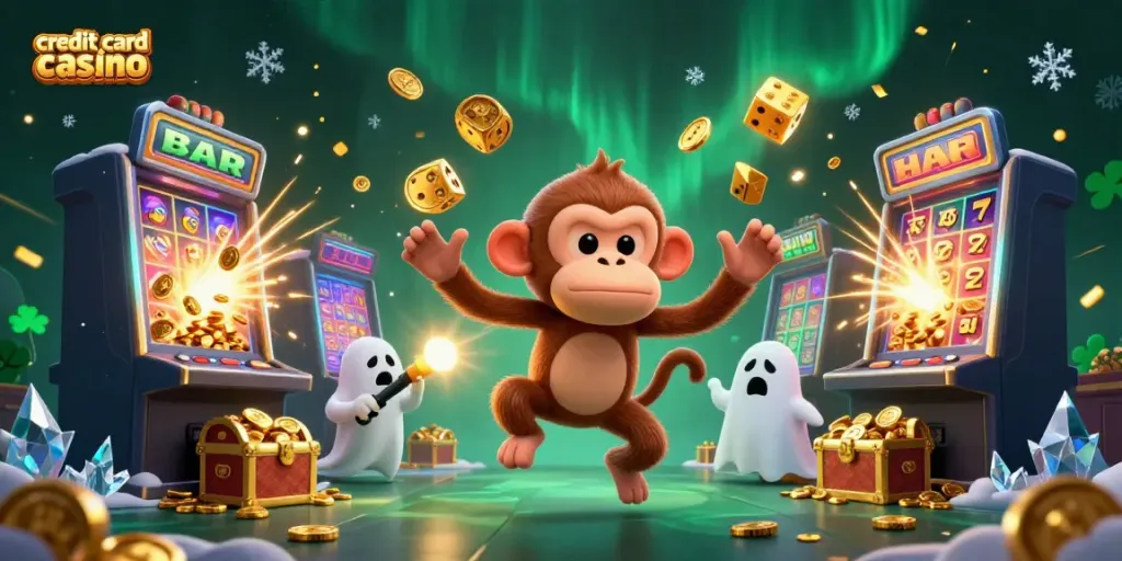 Experience a lively credit card casino scene with a playful poltergeist monkey and a curious puppy exploring golden treasures.