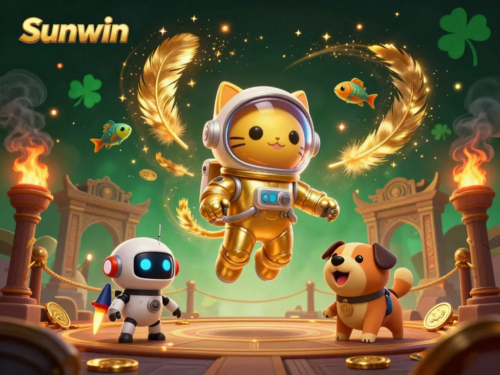 Experience thrilling gaming with Sunwin, featuring vibrant characters and engaging casino elements in a surreal scene.