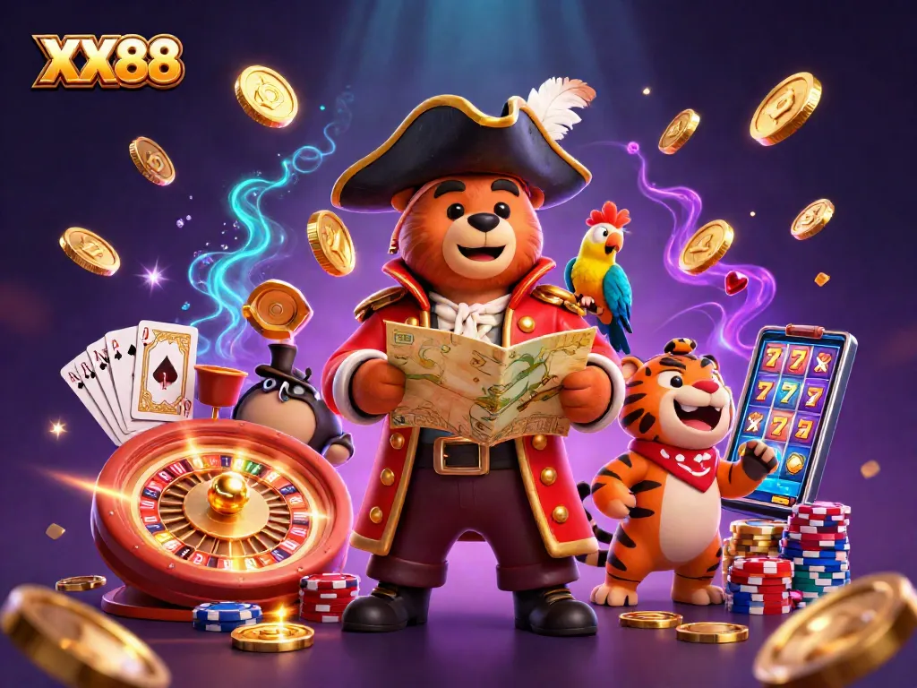Experience thrilling moments at XX88 with vibrant casino illustrations featuring pirate-themed games.