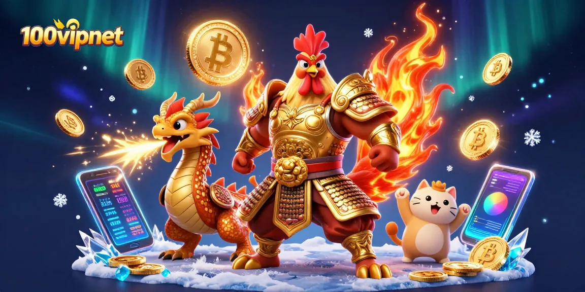 Engage with 100vipnet's vibrant 3D casino scene showcasing a warrior rooster, dragon, and crypto elements.