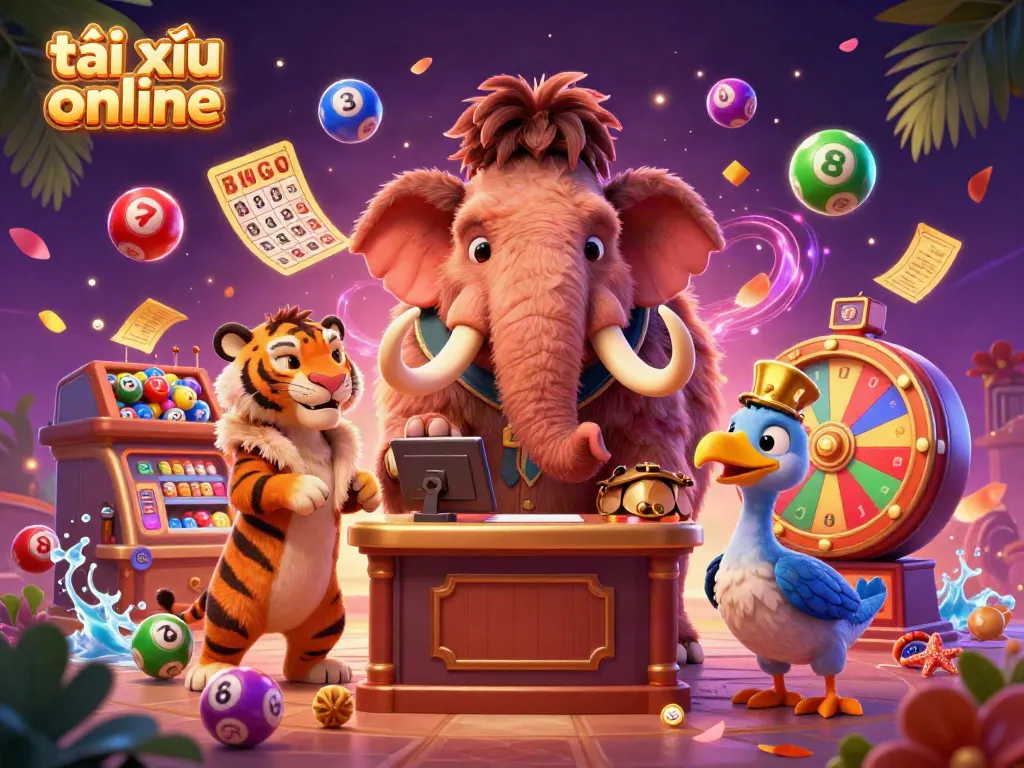 Experience the excitement of tài xỉu online with a vibrant casino scene featuring a woolly mammoth bouncer and lively game elements.
