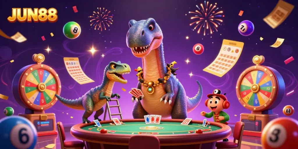 Engage in the vibrant atmosphere of JUN88 with a whimsical illustration of a colossal brontosaurus overseeing a lively casino scene full of exciting game elements.