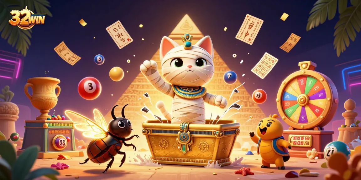 Experience excitement with 32WIN as the Egyptian mummy cat and its glowing scarab beetle companion play amidst dynamic lottery games.