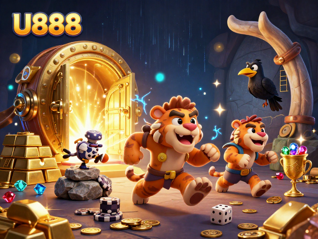 Join the adventure at U888 with our vibrant caveman casino illustration featuring exciting game elements.
