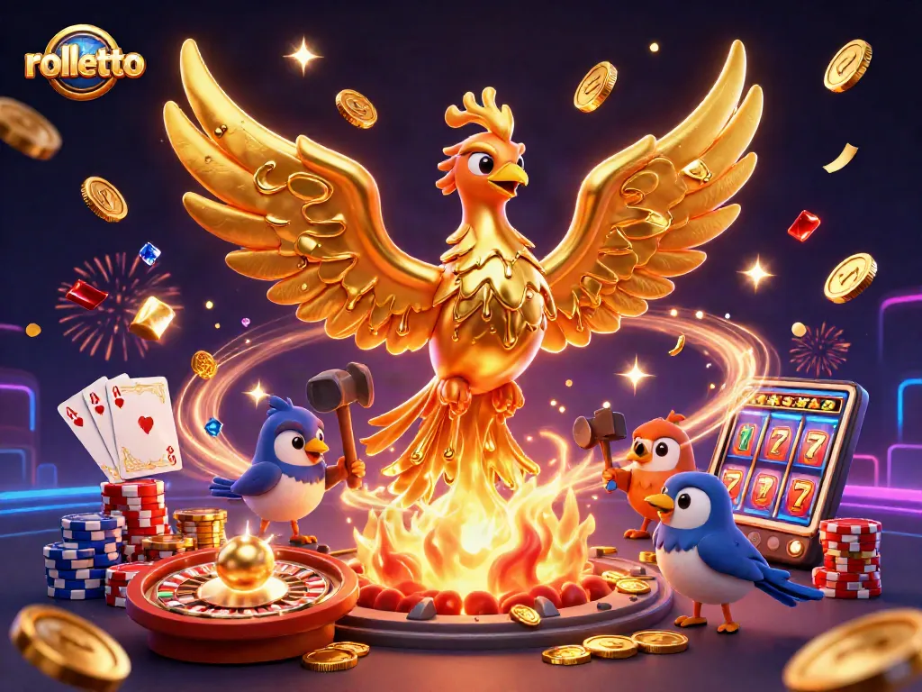 Experience the magic of rolletto as a golden phoenix emerges from a forge, surrounded by casino excitement.