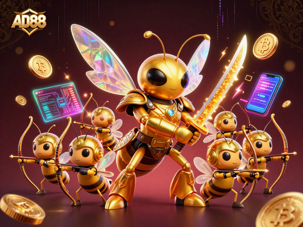 Experience thrilling gaming at AD88 with fantasy characters and vibrant cryptocurrency elements in an engaging casino setup.