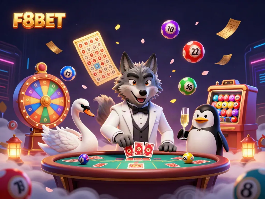 F8BET features a debonair wolf at a baccarat table with a swan dealer and penguin sommelier surrounded by dynamic casino elements.