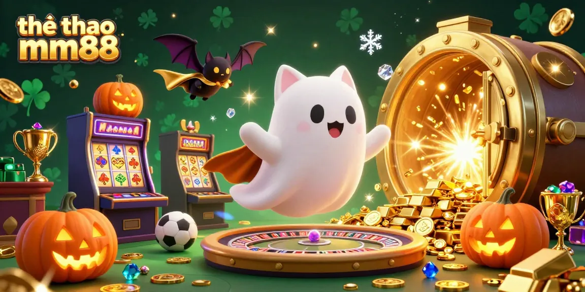 Engage with thể thao mm88 in this vibrant casino scene featuring ghost cat, vampire bat, and sports elements.