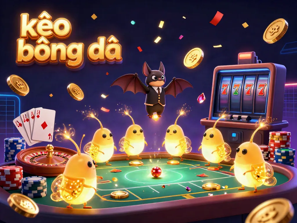 Experience the thrilling world of kèo bóng đá with glowworms illuminating an exciting casino scene filled with golden coins and vibrant gaming elements.