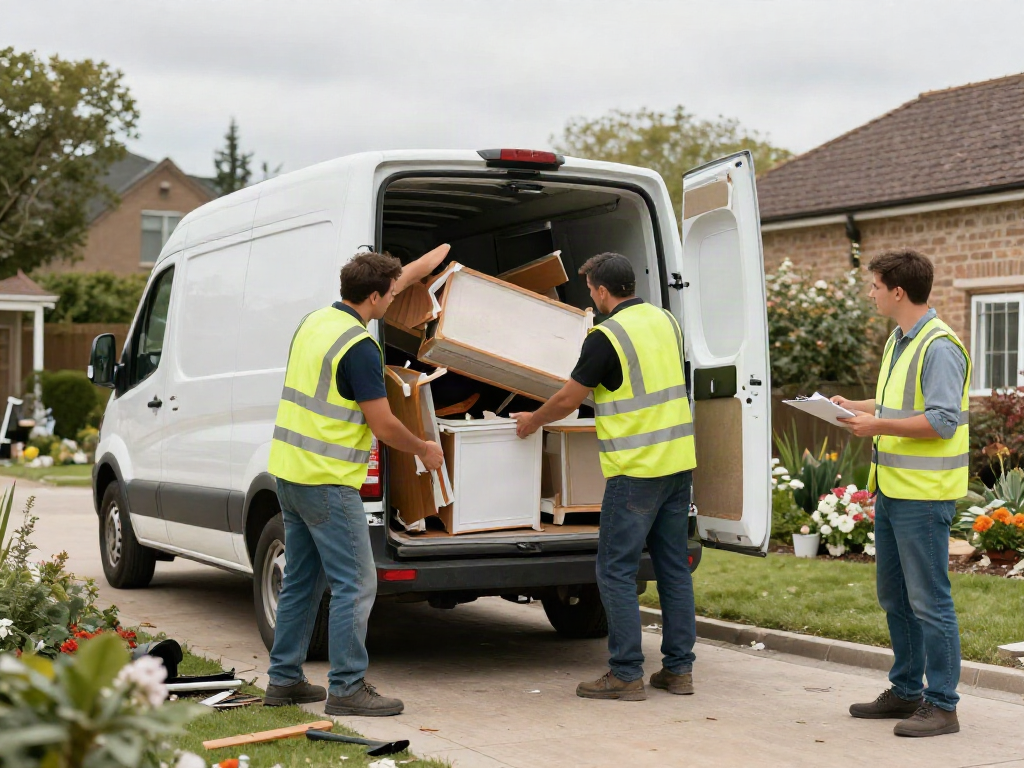 Professional waste removals service in action, team loading furniture into a van in a garden setting.