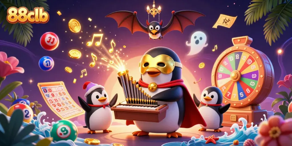 Engage in thrilling gameplay at 88clb with a vibrant casino scene featuring a cartoon penguin, golden tickets, and winning elements.