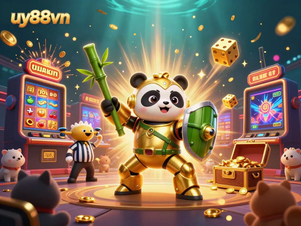 Experience the thrilling uy88vn casino adventure with a golden panda pilot and vibrant game elements!
