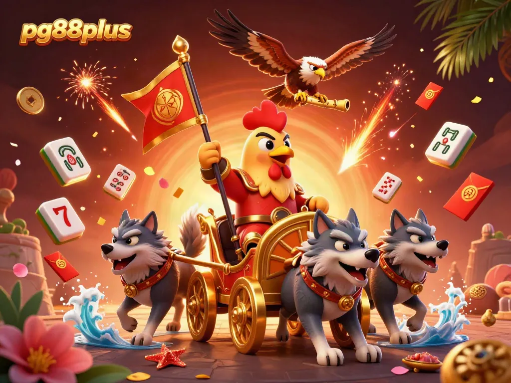 Enhance your gaming experience with pg88plus featuring a dynamic illustration of a rooster warlord and slots.