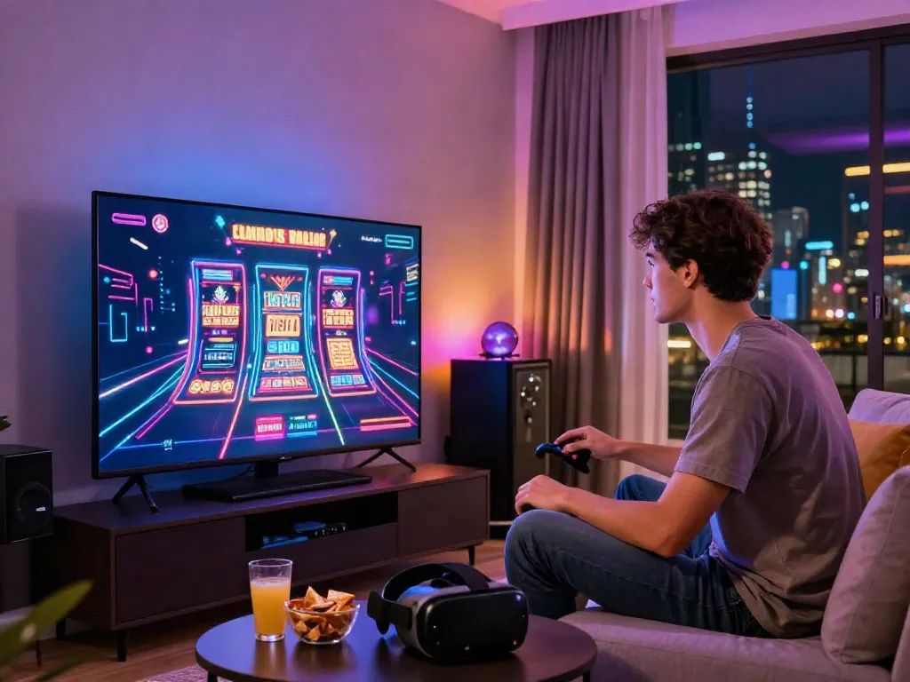 Engaged player enjoying DA88 online casino slots in a vibrant gaming room.