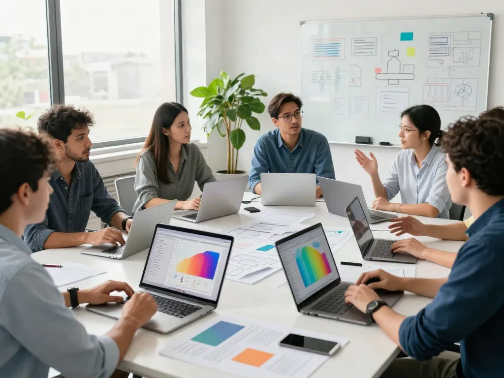 Collaboration scene for Paid Ads Management strategy development in a bright office