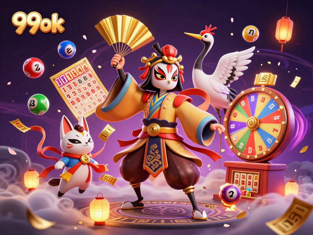 Engage with vibrant lottery elements featuring 99ok characters in a dynamic casino scene.