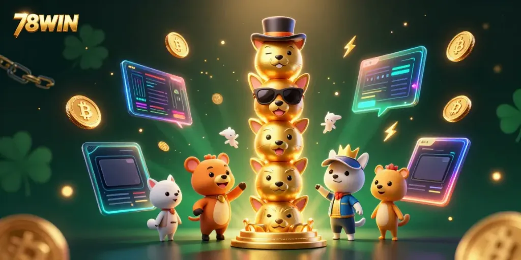Experience thrilling gameplay at 78WIN with a vibrant casino totem and glowing crypto coins.
