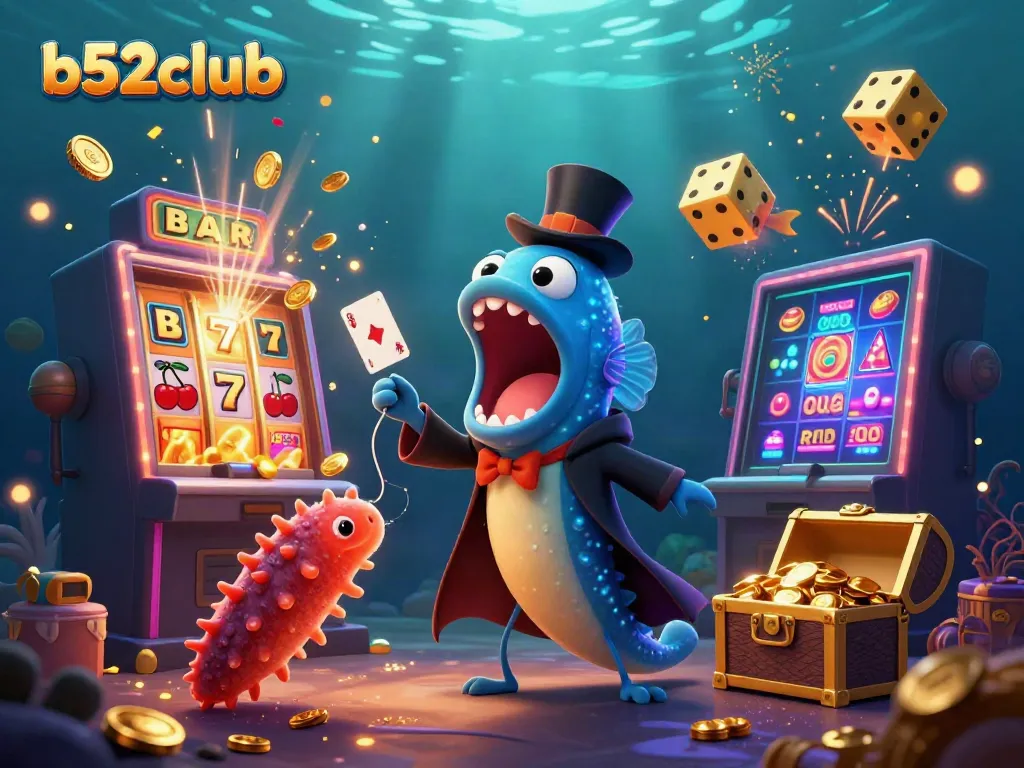 Experience the vibrant world of b52club with animated characters and casino games in a dazzling scene.