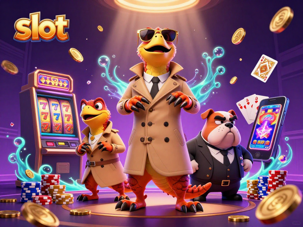 Slot machines spin in a vibrant casino scene with raptors adorning a trench coat, showcasing excitement.