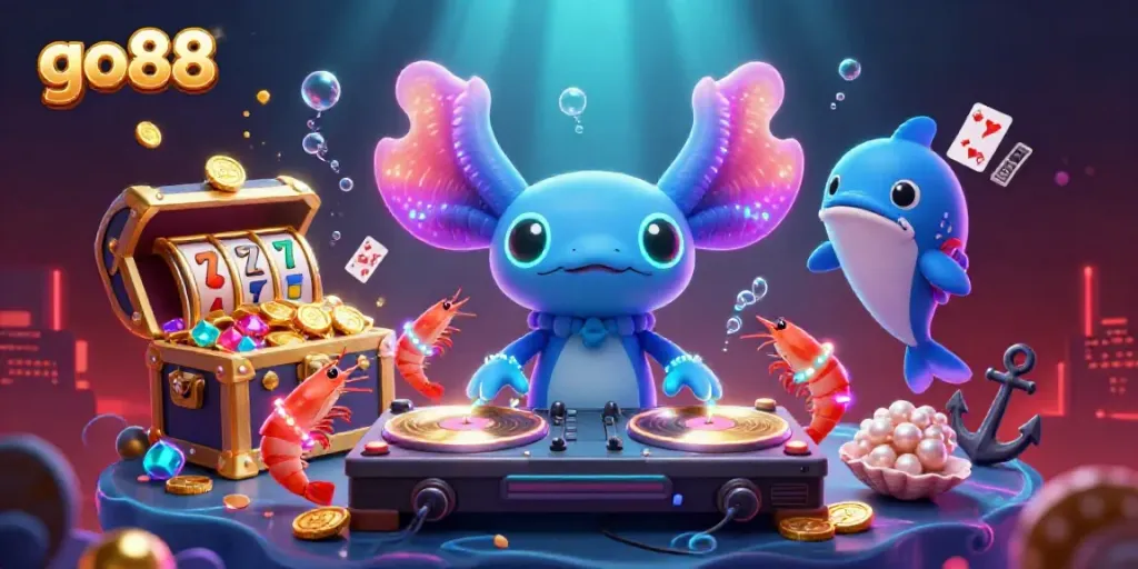 Engage in the thrilling atmosphere of go88 with vibrant underwater characters and casino elements.