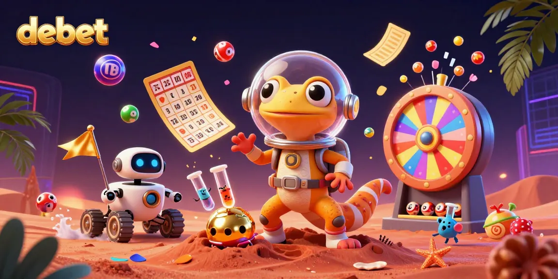 Engage in debet gaming, featuring colorful elements and a 3D cartoon Martian gecko discovering a golden casino.