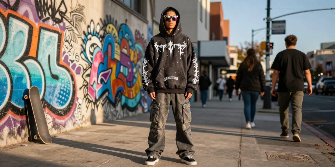 Chrome Hearts urban streetwear model showcasing oversized hoodie and luxury sunglasses against vibrant city background.