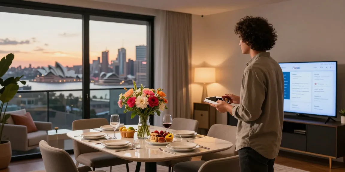 Sydney short-term rental management welcomed by a host in a stylish apartment, showcasing an inviting atmosphere and stunning city views.