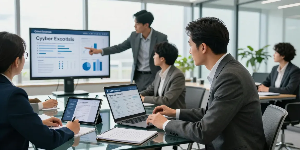 Cyber Essentials Questionnaire review in a modern office with cybersecurity consultant and colleagues discussing compliance metrics.