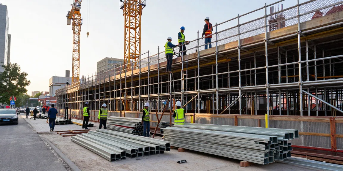 Workers assembling commercial scaffolding at an urban renovation site.