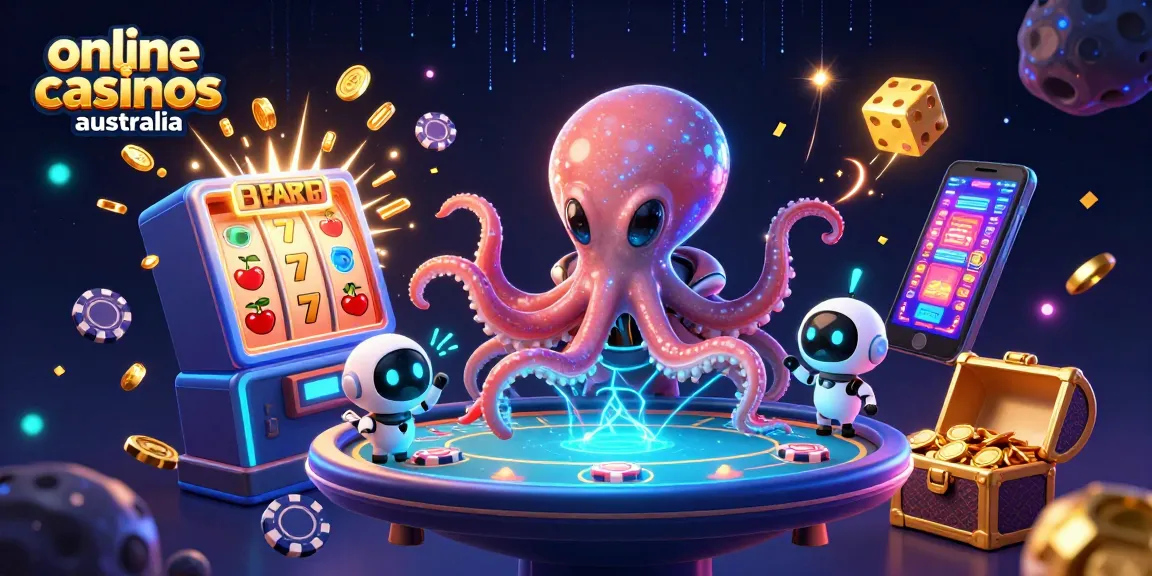 Engage with online casinos Australia in a vibrant 3D scene featuring an alien octopus at a poker table.