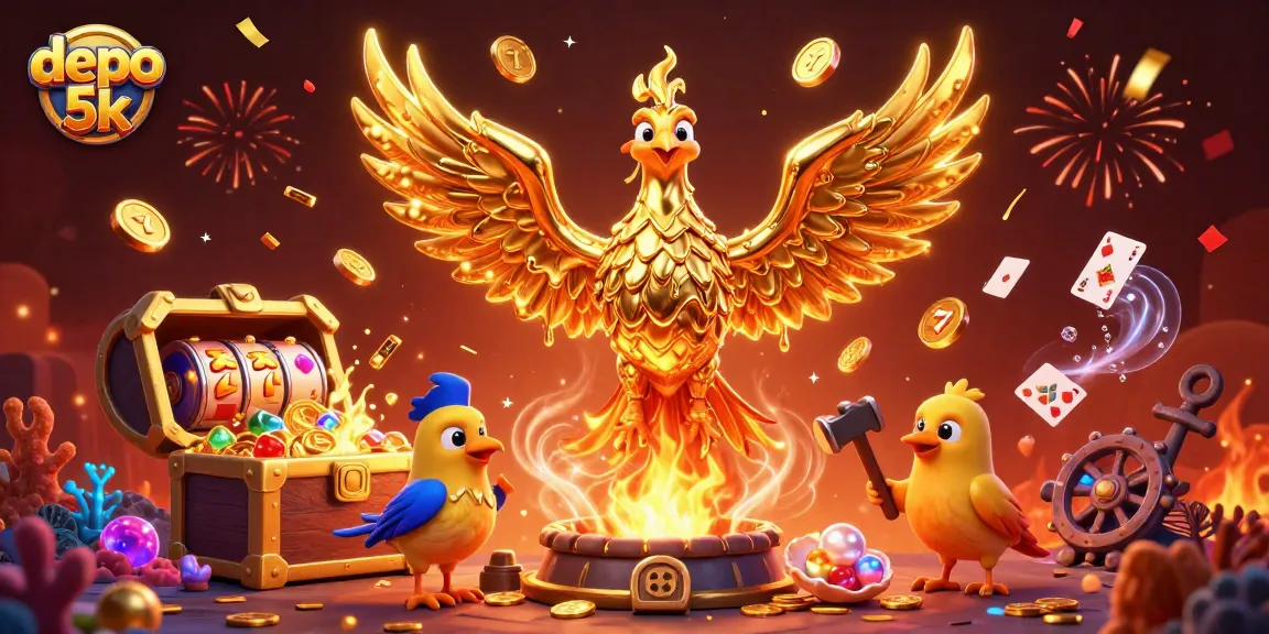 Win big with depo 5k in vibrant slot gaming scene featuring molten phoenix and dynamic game elements.