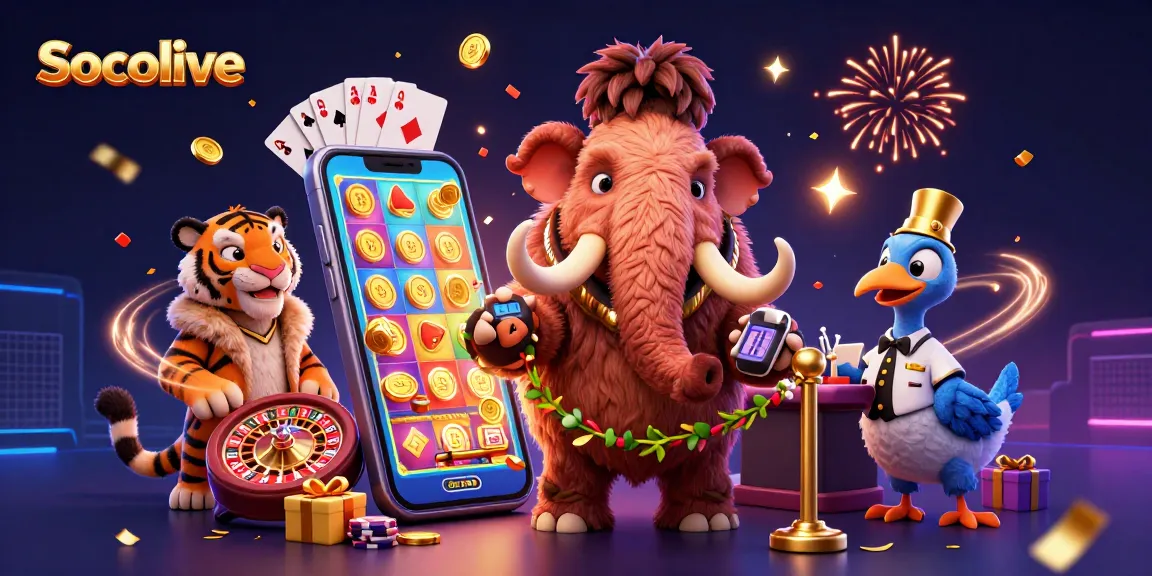 Socolive's vibrant casino scene features a cartoon mammoth bouncer, VIP tiger, and dodo doorman amidst dynamic gaming elements.