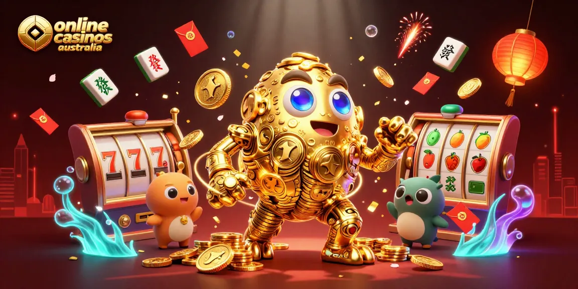 Engage with vibrant online casinos Australia scene featuring a golden golem and slot symbols bursting with life.