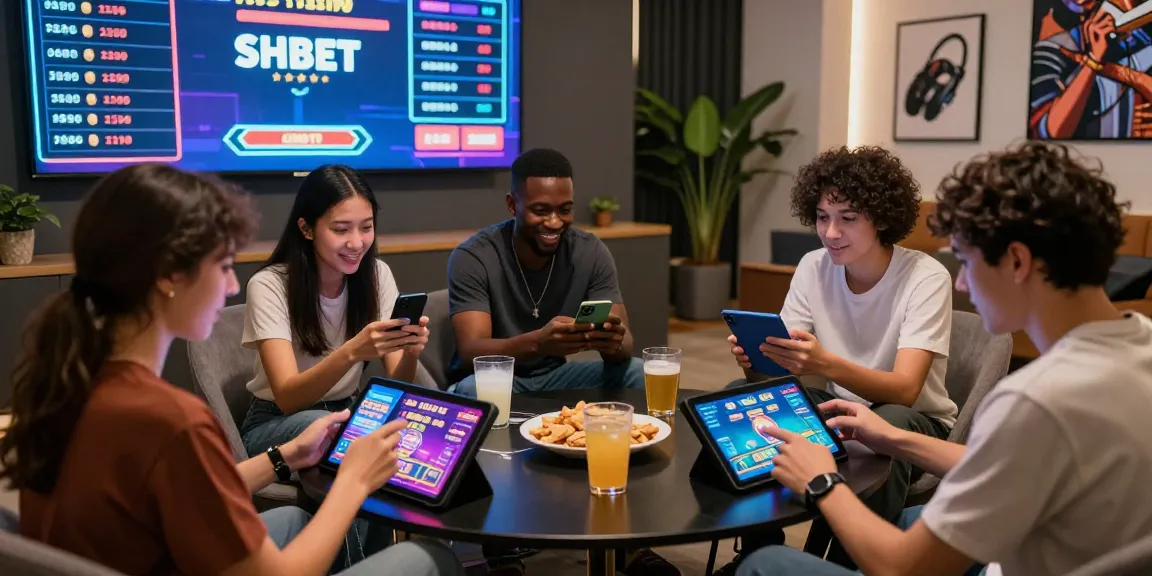 Exciting gaming scene at https://shbet.cruises/ with diverse players enjoying online casino games in modern lounge.