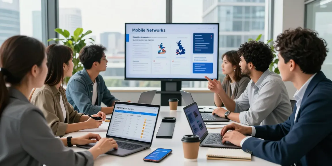 Team collaborating on top business mobile networks UK in a modern office setting, showcasing laptops and data-driven discussions.