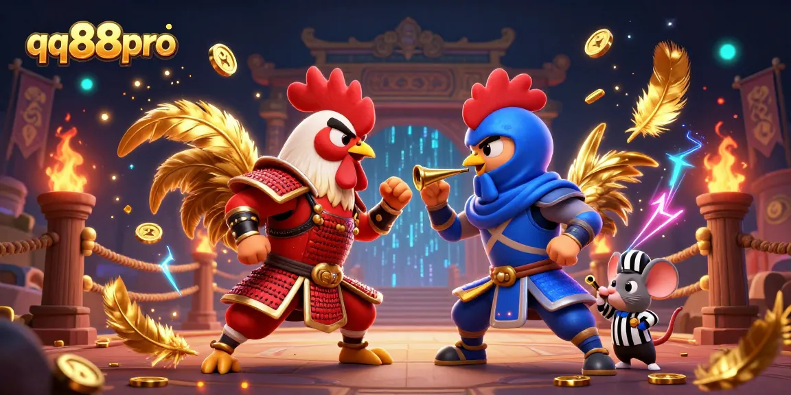 Engage with thrilling battles at qq88pro, featuring dynamic roosters and vibrant casino elements.
